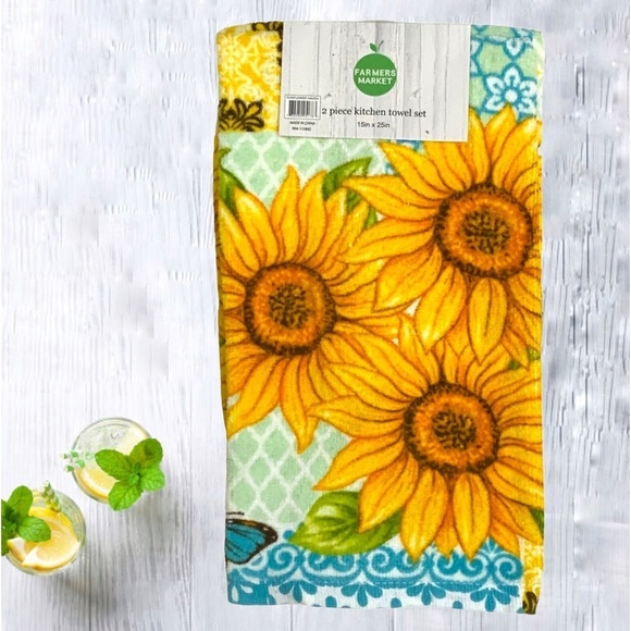 Farmers Market Sunflower Butterfly Kitchen Towels Absorbent Cotton Velour 2 PC - Picture 3 of 16